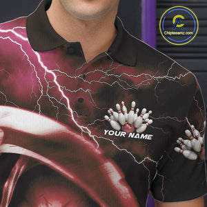 Custom Red Thunder Lightning Grim Reaper Skull Halloween Bowling Polo Shirts For Men IPHW9854