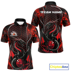 Custom Black And Red Fire Flame Dragon Bowling Polo Shirt For Men, Dragon Bowling Jersey IPHW9864