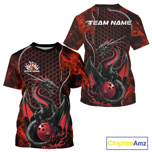 Custom Black And Red Fire Flame Dragon Bowling T-Shirts For Men, Dragon Bowling Jersey IPHW9864