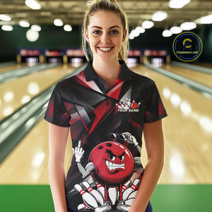 Black And Red Custom Funny Bowling Team Polo Shirts For Women, Bowling Jerseys IPHW9356