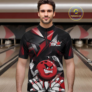 Black And Red Custom Funny Bowling Team Quarter-Zip Shirts For Men, Bowling Jerseys IPHW9356