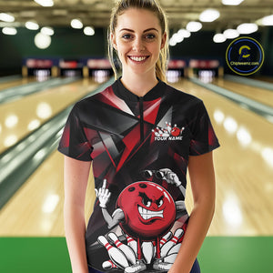 Black And Red Custom Funny Bowling Team Quarter-Zip Shirts For Women, Bowling Jerseys IPHW9356