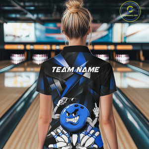Black And Blue Custom Funny Bowling Team Quarter-Zip Shirts For Women, Bowling Jerseys IPHW9357