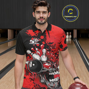 Custom Black And Red Splatter Skull Bowling Team Men Polo Shirt, Halloween Bowler Outfit IPHW9725