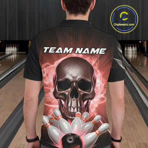 Custom Red Glowing Ghostly Skull Bowling Polo Shirts For Men, Halloween Bowlers Outfit IPHW9516