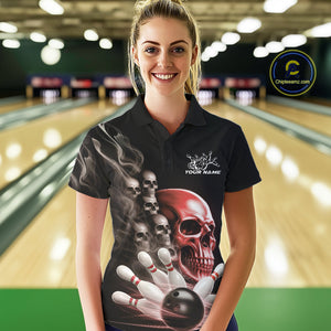 Custom Red Glowing Ghostly Skull Bowling Polo Shirts For Women, Halloween Bowlers Outfit IPHW9516