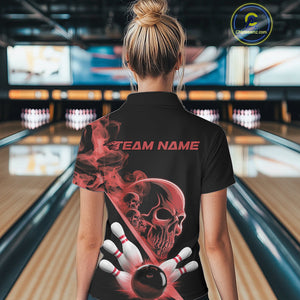 Custom Red Smoke Skull Women Bowling Team Polo Shirts, Hallowen Bowlers Jerseys IPHW9524