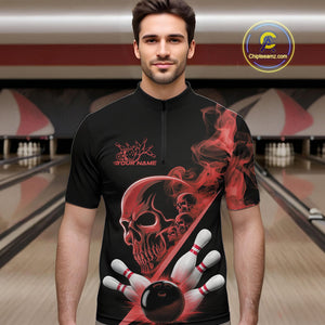 Custom Red Smoke Skull Men Bowling Team Quarter-Zip Shirts, Hallowen Bowlers Jerseys IPHW9524