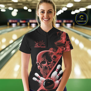 Custom Red Smoke Skull Women Bowling Team Quarter-Zip Shirts, Hallowen Bowlers Jerseys IPHW9524