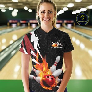 Custom Fiery Red Bowling Women Quarter-Zip Shirts, Inferno Flame Bowling League Shirt IPHW9526