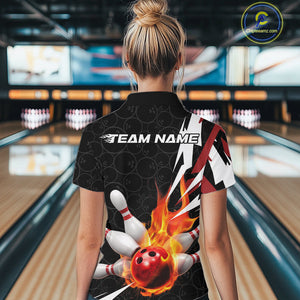 Custom Fiery Red Bowling Women Quarter-Zip Shirts, Inferno Flame Bowling League Shirt IPHW9526