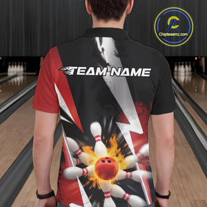 Custom Fiery Red Bowling Men Polo Team Shirts, Fire Flame Bowling Jerseys Bowler Outfit IPHW9529