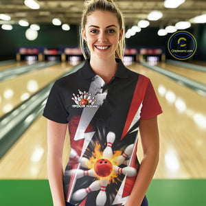 Custom Fiery Red Bowling Women Polo Team Shirts, Fire Flame Bowling Jerseys Bowler Outfit IPHW9529