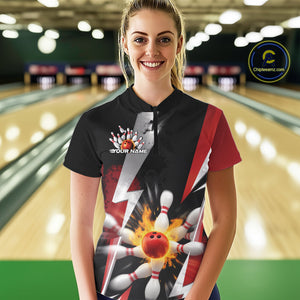 Custom Fiery Red Bowling Women Quarter-Zip Team Shirts, Fire Flame Bowler Outfit IPHW9529