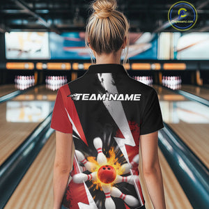 Custom Fiery Red Bowling Women Quarter-Zip Team Shirts, Fire Flame Bowler Outfit IPHW9529