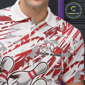 Red Camo Custom Funny Bowling Polo Shirts For Men, Bowling Team Tournament Shirt IPHW9397