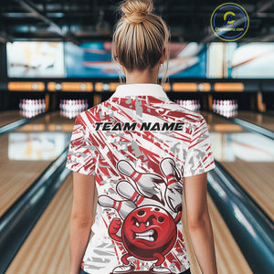 Red Camo Custom Funny Bowling Polo Shirts For Women, Bowling Team Tournament Shirt IPHW9397