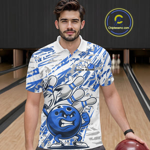 Blue Camo Custom Funny Bowling Polo Shirts For Men, Bowling Team Tournament Shirt IPHW9398