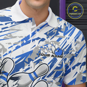 Blue Camo Custom Funny Bowling Polo Shirts For Men, Bowling Team Tournament Shirt IPHW9398