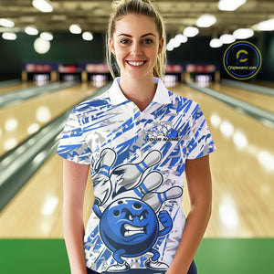 Blue Camo Custom Funny Bowling Polo Shirts For Women, Bowling Team Tournament Shirt IPHW9398