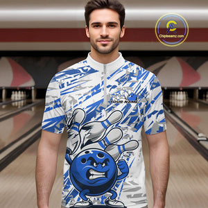 Blue Camo Custom Funny Bowling Quarter-Zip Shirts For Men, Bowling Team Tournament Shirt IPHW9398