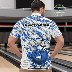 Blue Camo Custom Funny Bowling Quarter-Zip Shirts For Men, Bowling Team Tournament Shirt IPHW9398
