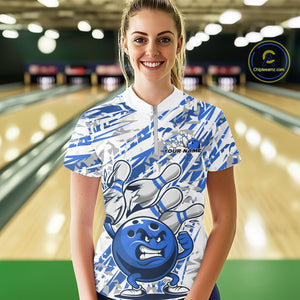 Blue Camo Custom Funny Bowling Women Quarter-Zip Shirts, Bowling Team Tournament Shirt IPHW9398