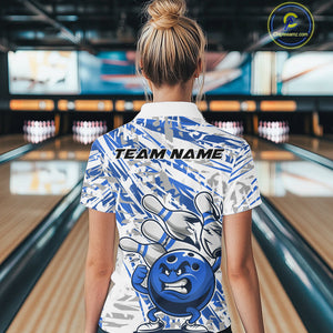 Blue Camo Custom Funny Bowling Women Quarter-Zip Shirts, Bowling Team Tournament Shirt IPHW9398