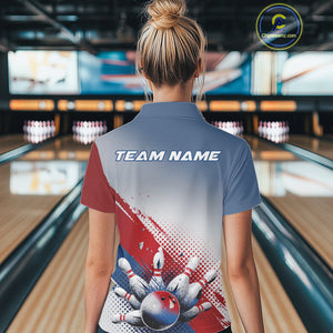 Custom Red, White And Blue Patriotic Bowling Polo Shirts For Women, Bowling League Shirt IPHW9544