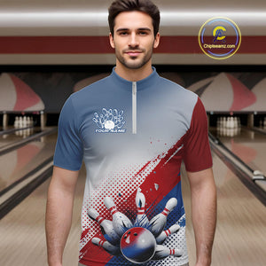 Custom Red, White And Blue Patriotic Bowling Quarter-Zip Shirts For Men, Bowling League Shirt IPHW9544