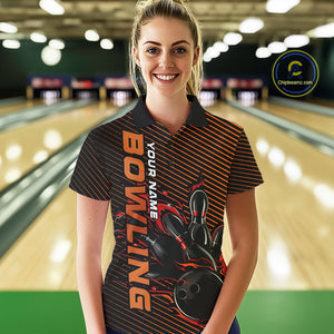 Custom Red Orange Flame Bowling Polo Shirts For Women, Bowling Tournament Team Shirt IPHW9403
