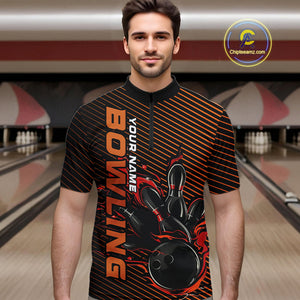 Custom Red Orange Flame Bowling Quarter-Zip Shirts For Men, Bowling Tournament Team Shirt IPHW9403
