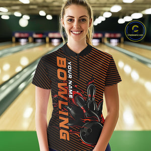 Custom Red Orange Flame Bowling Women Quarter-Zip Shirts, Bowling Tournament Team Shirt IPHW9403