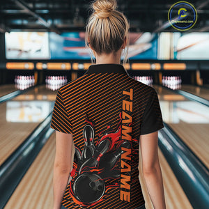 Custom Red Orange Flame Bowling Women Quarter-Zip Shirts, Bowling Tournament Team Shirt IPHW9403