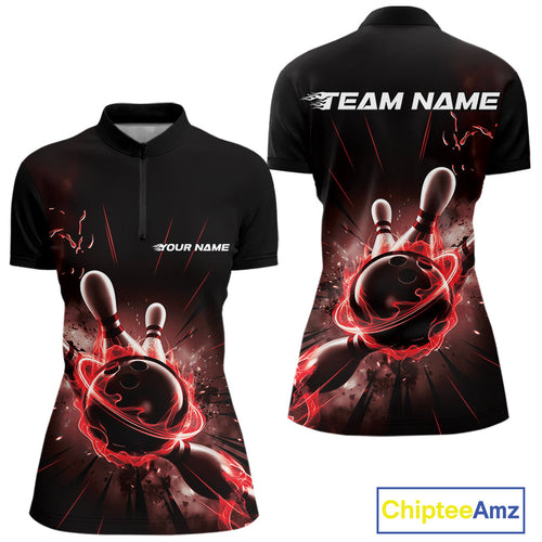 Custom Galaxy Red Flame Bowling Quarter-Zip Shirt For Women, Bowling League Team Uniform IPHW9569