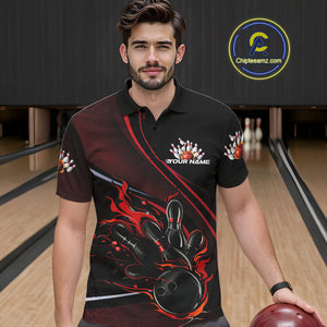 Custom Black And Red Fire Flame Bowling Team Men Polo Shirts, Bowling Jerseys IPHW9418