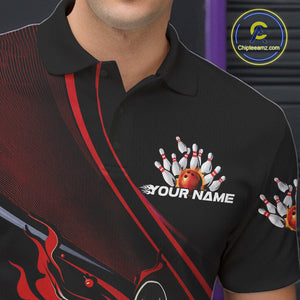 Custom Black And Red Fire Flame Bowling Team Men Polo Shirts, Bowling Jerseys IPHW9418