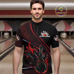 Custom Black And Red Fire Flame Bowling Team Men Quarter-Zip Shirts, Bowling Jerseys IPHW9418