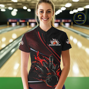 Custom Black And Red Fire Flame Bowling Team Women Quarter-Zip Shirts, Bowling Jerseys IPHW9418