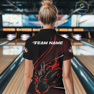 Custom Black And Red Fire Flame Bowling Team Women Quarter-Zip Shirts, Bowling Jerseys IPHW9418