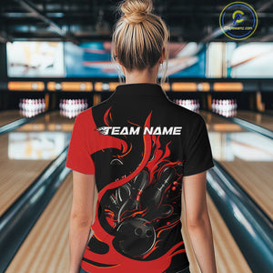 Custom Black And Red Flame Bowling Women Quarter-Zip Shirt, Bowling Team Uniform IPHW9245