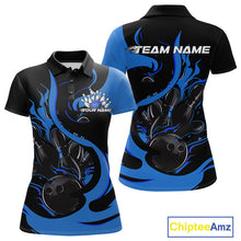 Load image into Gallery viewer, Custom Black And Blue Flame Bowling Polo Shirt For Women, Bowling Tournament Team Uniform IPHW9247