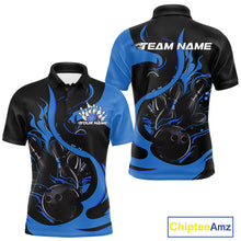 Load image into Gallery viewer, Custom Black And Blue Flame Bowling Polo Shirts For Men, Bowling Tournament Team Uniform IPHW9247