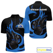 Load image into Gallery viewer, Custom Black And Blue Flame Bowling Quarter-Zip Shirts For Men, Bowling Tournament Team Uniform IPHW9247