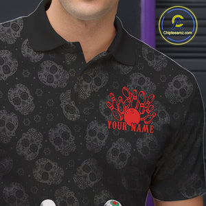 Custom Black And Red Sugar Skull Bowling Team Polo Shirts For Men, Bowling League Shirt IPHW9251