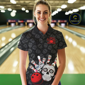 Custom Black And Red Sugar Skull Bowling Team Polo Shirts For Women, Bowling League Shirt IPHW9251