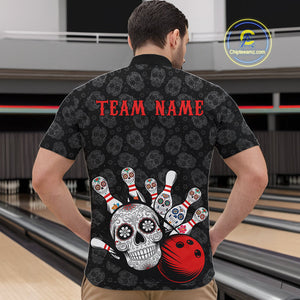 Custom Black And Red Sugar Skull Bowling Team Quarter-Zip Shirts For Men, Bowling League Shirt IPHW9251