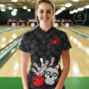 Custom Black And Red Sugar Skull Bowling Women Quarter-Zip Shirt, Bowling League Shirt IPHW9251