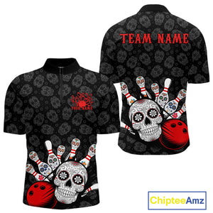 Custom Black And Red Sugar Skull Bowling Team Quarter-Zip Shirts For Men, Bowling League Shirt IPHW9251