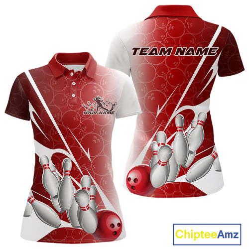 Custom Red Bowling Pattern Bowling Team Polo Shirts For Women, Red Bowling Jerseys IPHW9427